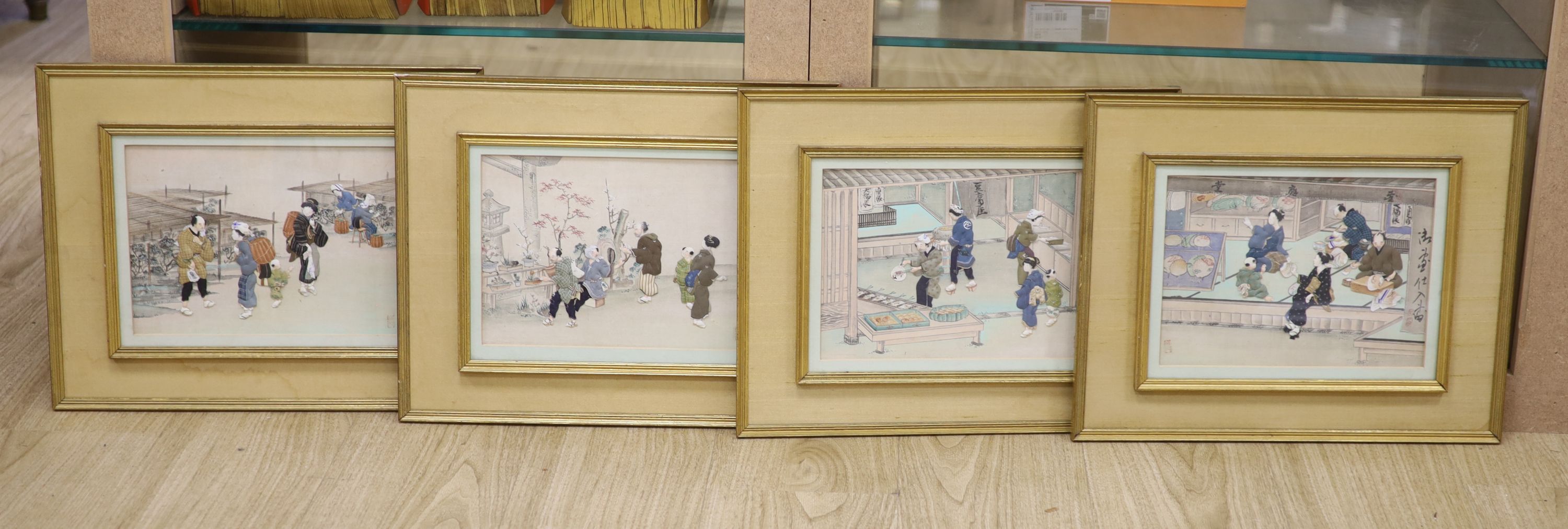 A set of four Chinese or Korean painted fabric collages, circa 1950, depicting interiors scenes with figures, framed, 19 x 26cm